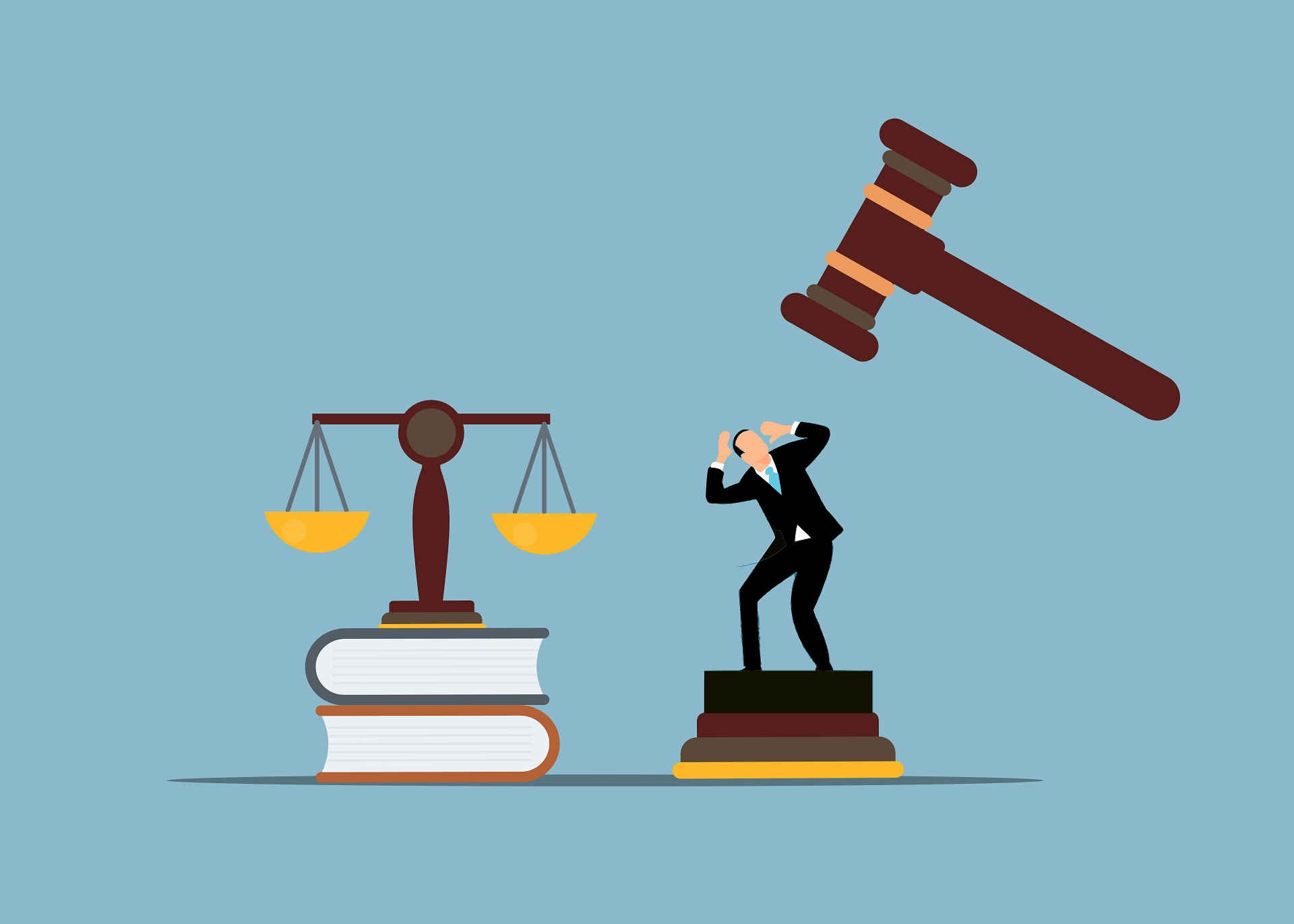 Defendant cowering under judge’s gavel beside scales of justice